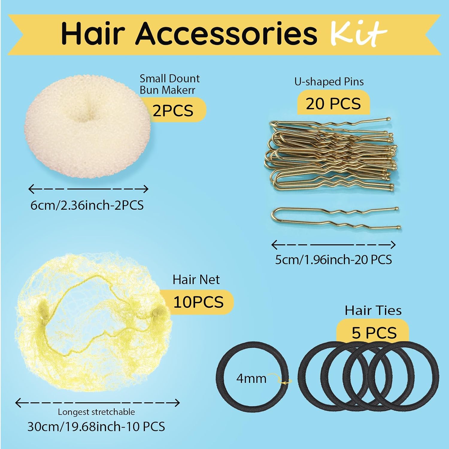 Teenitor Hair Net and Small Donut Bun Maker for Kids, 10 Pcs 30cm Invisible Hair Nets, 2 Pcs Hair Bun Maker with U Shaped Bobby Pins 20 Pcs and 5 Elastic Bands, Ballet Bun Kit, Beige image 3