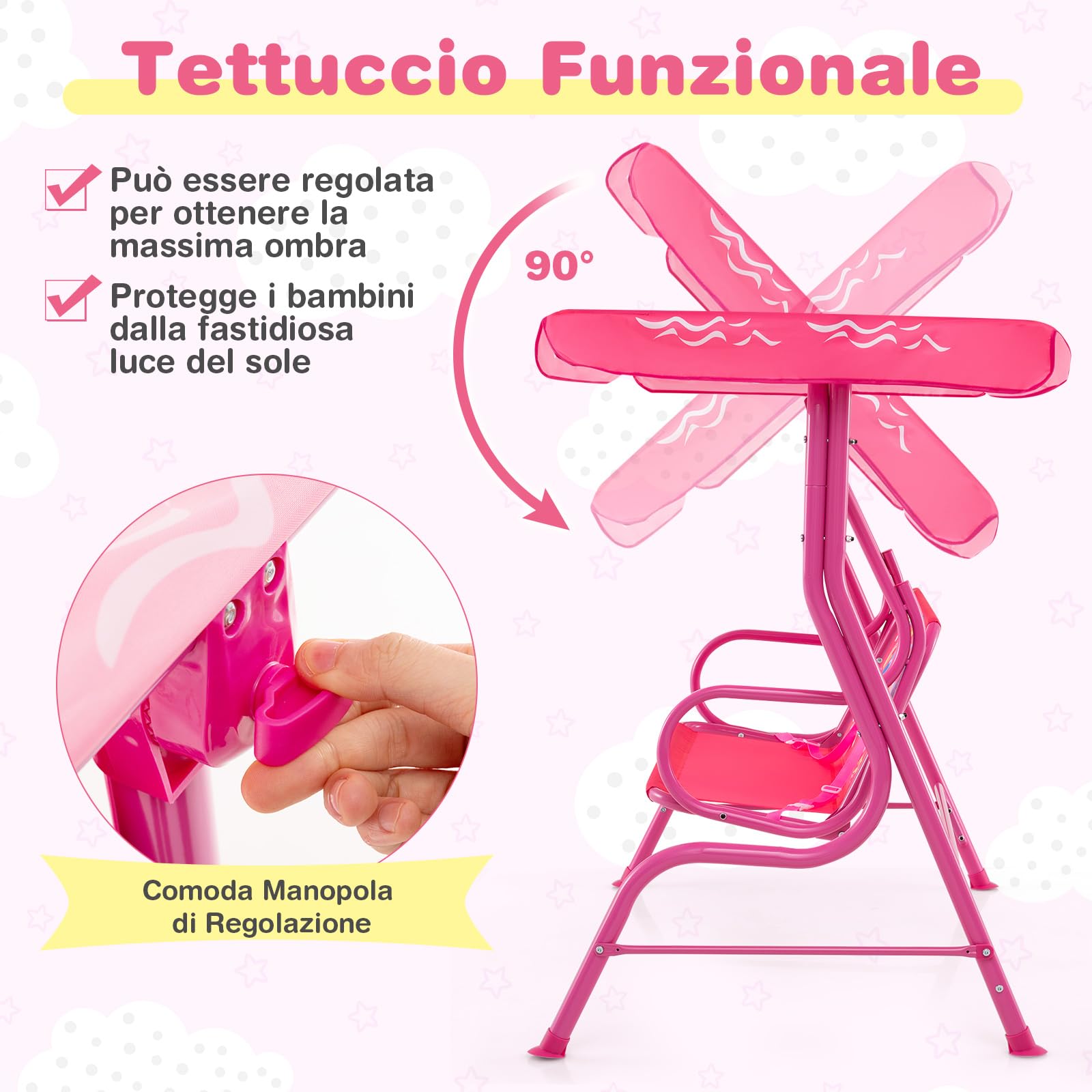 COSTWAY Altalena da Esterno per Bambini, Panchina a Dondolo a 2 Posti con Struttura in Metallo, Tetto Regolabile e Cinture di Sicurezza, per Bambini 3+Anni, Portata 80 kg (Rosa)
