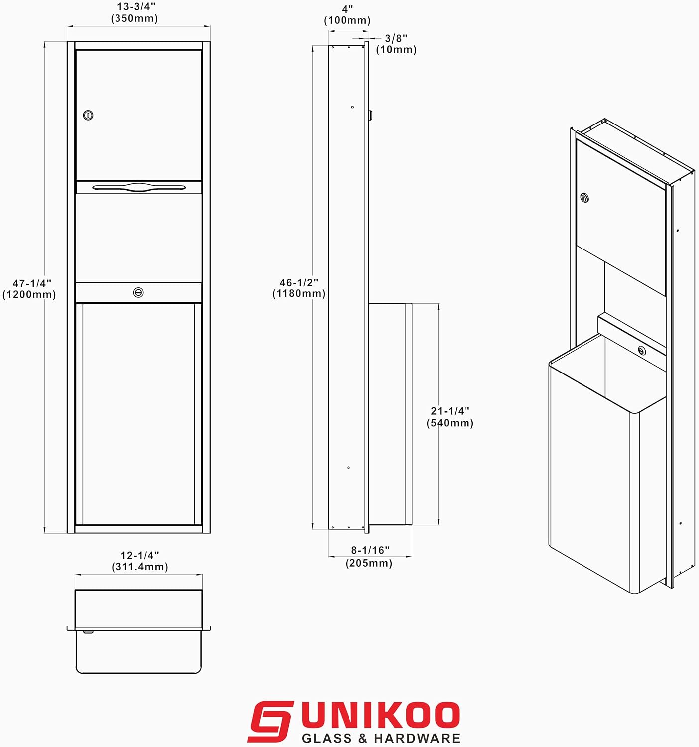 Recessed Paper Towel Dispenser with Wall Trash Can, 13.75 x 8.06 x 47.25 Stainless Steel