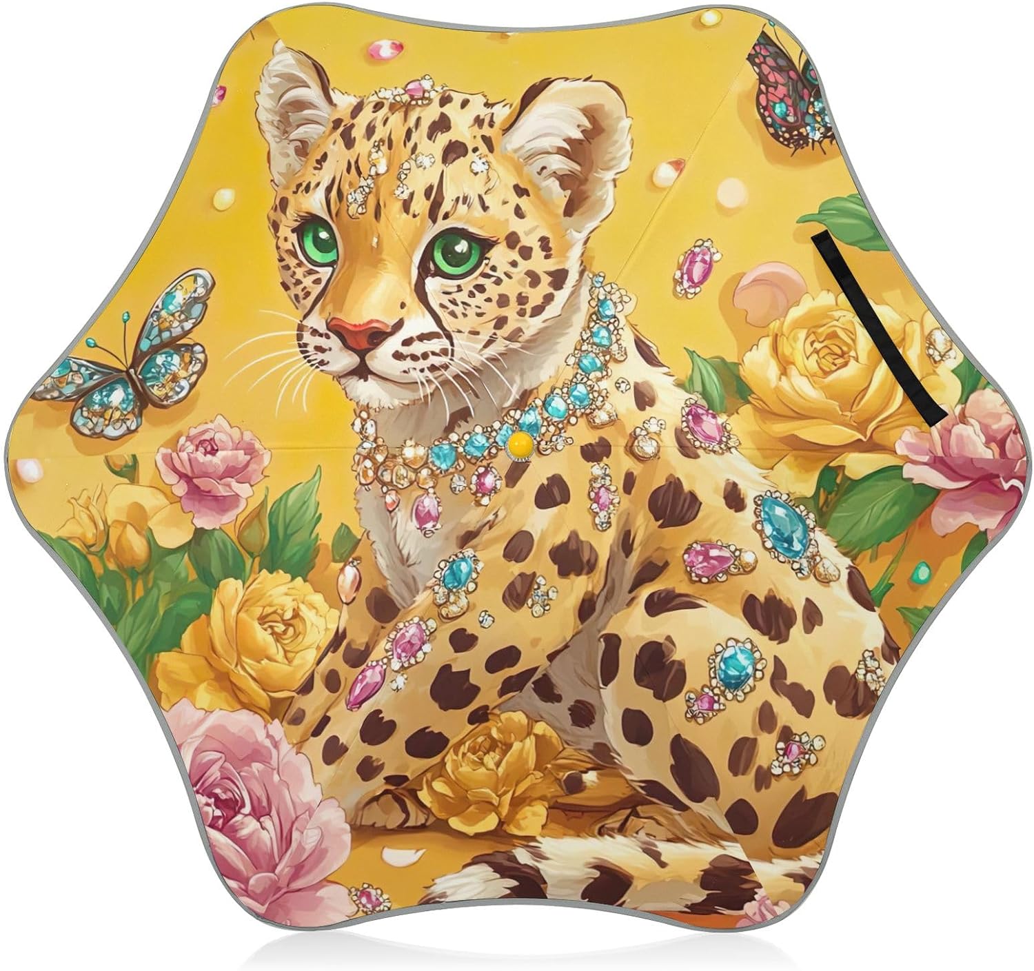 ODAWA Leopard Rose Yellow Stick Umbrellas for Kids with Reflective Strip Rounded Corner Umbrellas for Rain Age 3-8