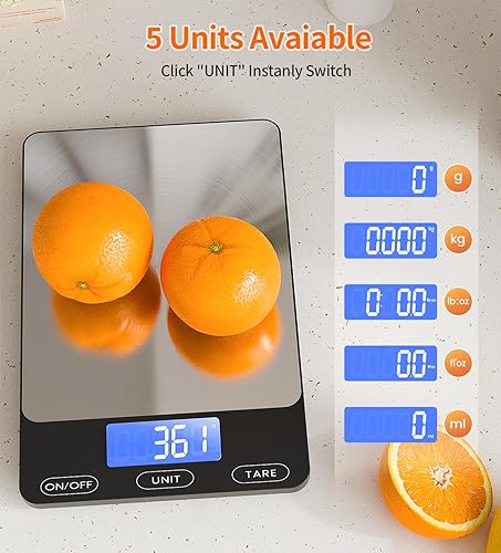 Miniatura 4 de Báscula digital de cocina de 33 libras para alimentos, onzas de gramos, recargable, acero inoxidable 305, baterías y carga tipo C, perfecta para