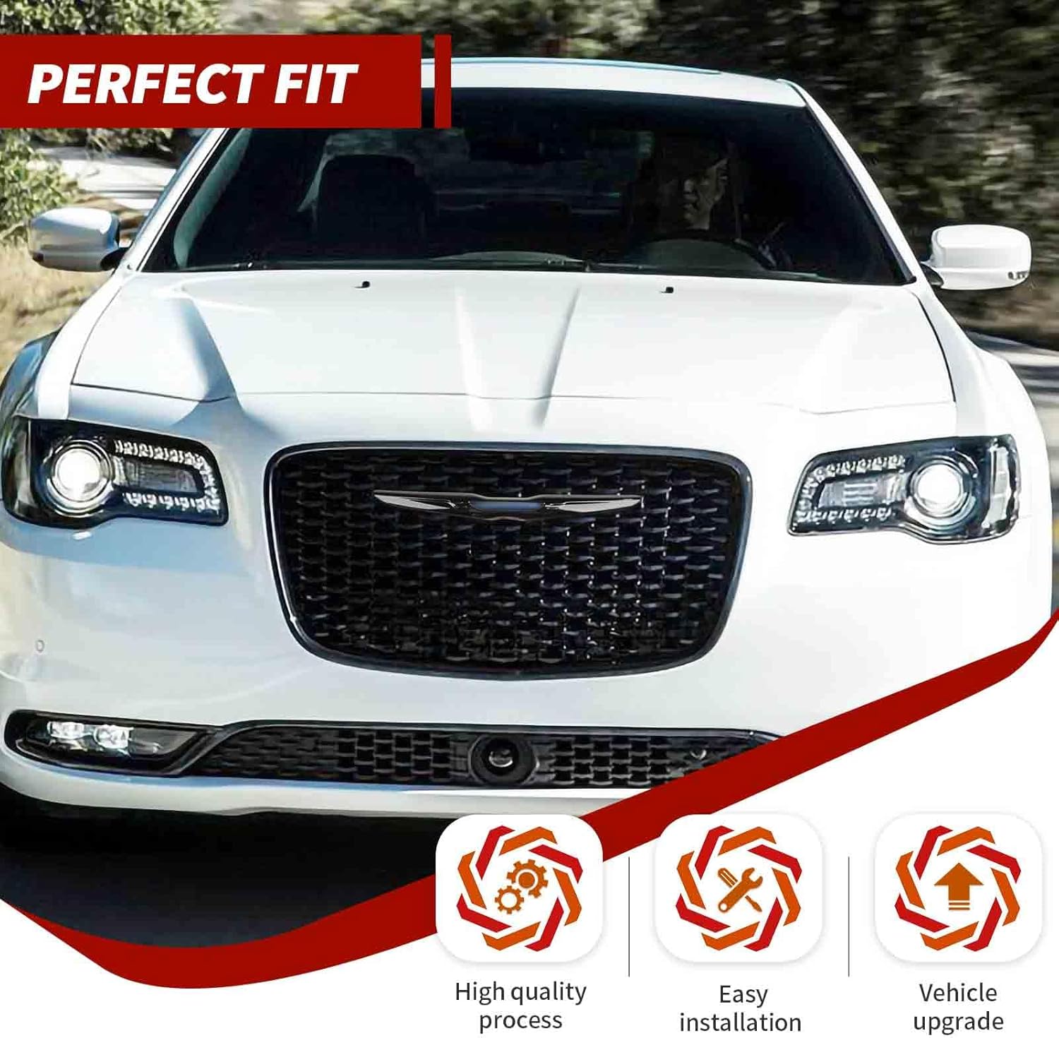Front Bumper Grille Emblem Cover Rear Emblem Badge Cover Trim Kit Exterior Accessories Compatible with Chrysler 300 300C 2015+,Black