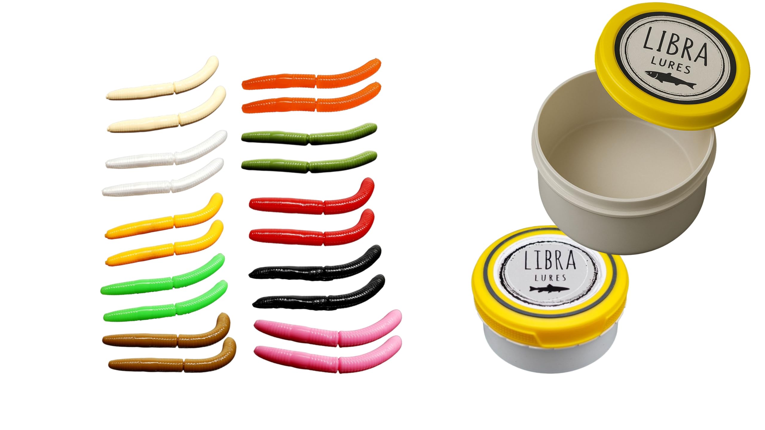 Libra Lures Fatty D Worm 75mm Starter-Set –20 x Forellenköder Softbaits in 10 Farben mit Käse-Aroma – Gummiköder Set + dichte Dose – Ideal zum Forellenangeln
