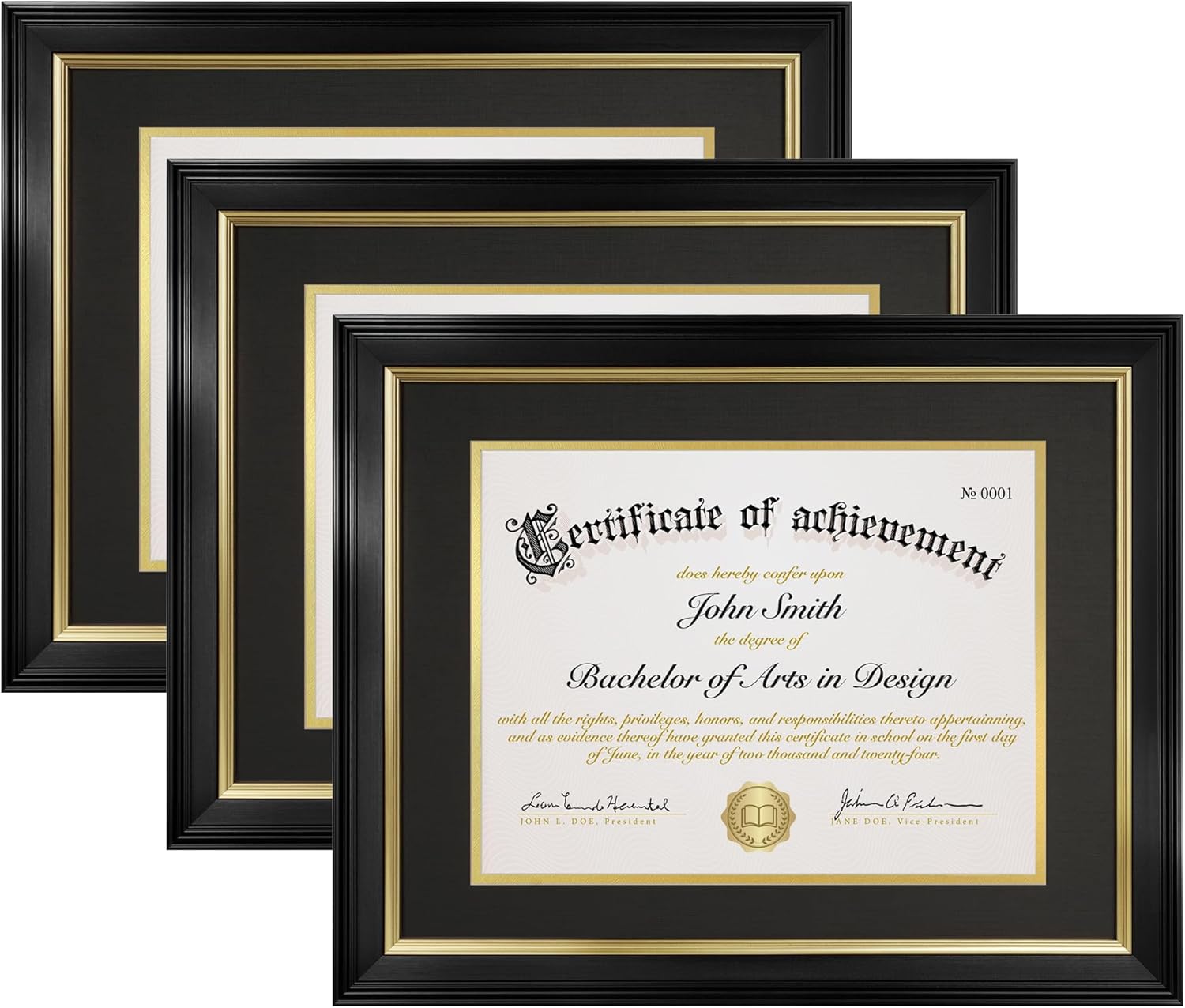 8.5x11 Diploma Frame with Black over Gold Acid-free Mat or Display 11x14 Document without Mat, Certificate Frame with Tempered Glass, Tabletop or Wall Mount (3 Pack, Black/Black)