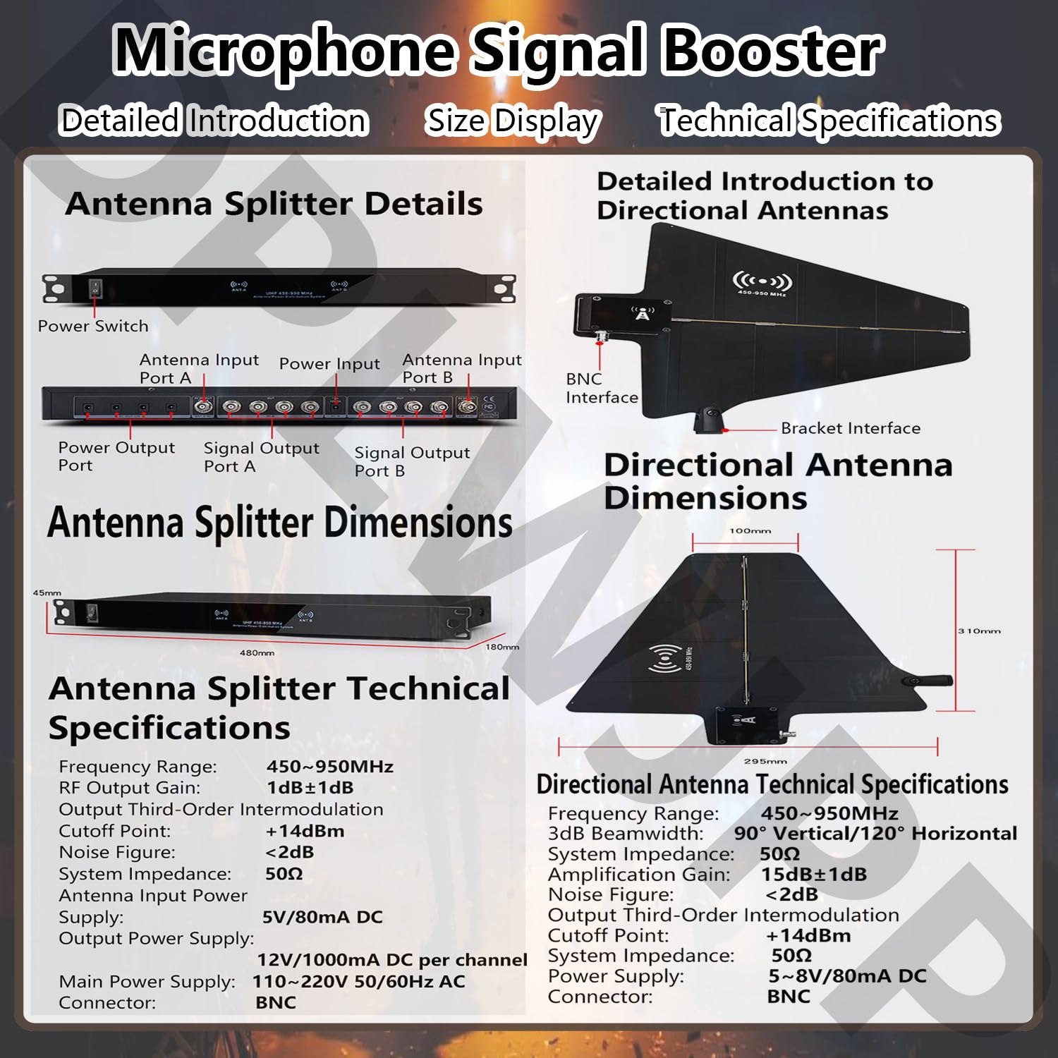 Amplificatore di segnale del microfono senza fili di distribuzione dell'energia dell'antenna UHF con 8 porte di ingresso/uscita, gamma di frequenza 450-950MHz