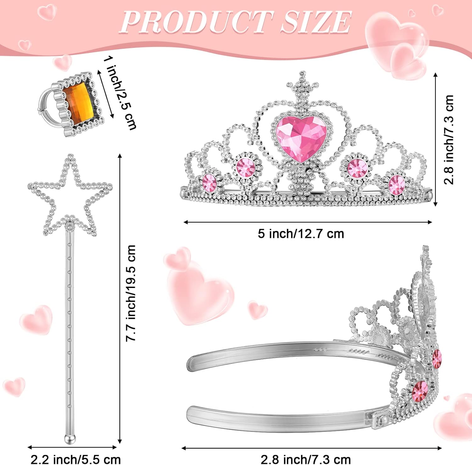 Yingzhao 96 Pcs Princess Pretend Party Costume Dress Up Play Set Includes 24 Crown Tiaras, 24 Star Wands, 48 Pcs Little Girl Jewel Rings, Princess Girls Party Favors Costume Play Set for Little Girls