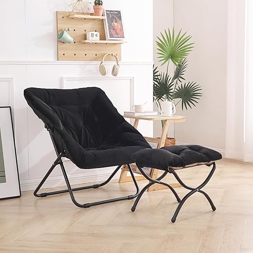 Miniatura 12 de Comfy - Silla de dormitorio plegable de gran tamaño con piel sintética suave, marco de metal, para dormitorio, sala de estar, balcón, patio,