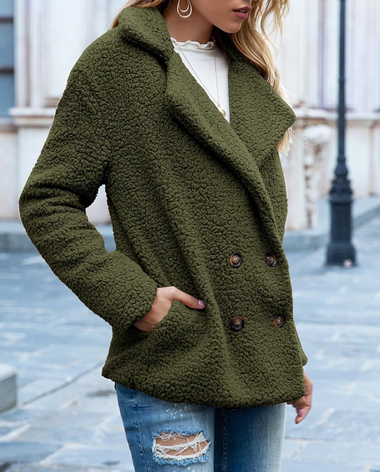 Women's Winter Warm Plush Cardigan Fuzzy Fleece Lapel Jacket with Buttons Pockets Long Sleeve Casual Outerwear - Image 5