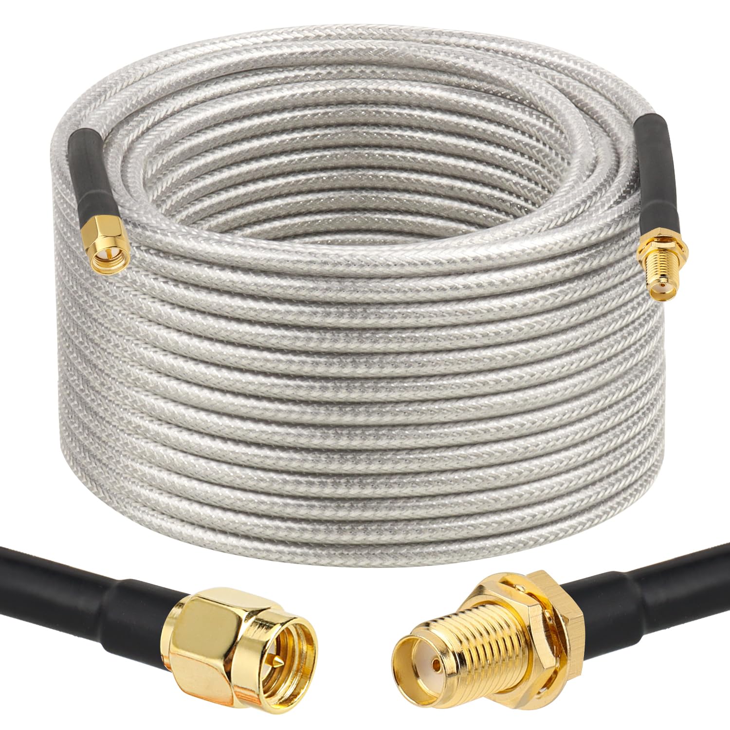 XRDS -RF Verlustarmes RG58-Koaxialkabel, 30 m, SMA-Stecker auf SMA-Buchse, Schott-Verlängerungskabel, massives Kupfer, 50 Ohm, RF-Kabel für WLAN-Antennen-Router, 4G LTE Gateway