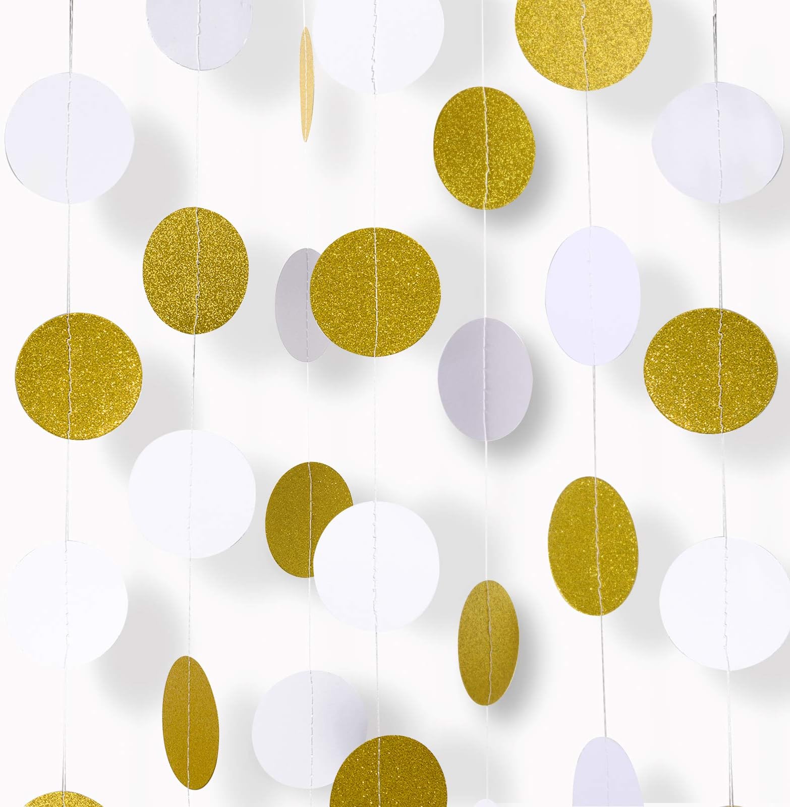 MerryNine Paper Garland, 5 Pack 50ft Glitter Paper Garland Circle Dots Hanging Decor, Paper Banner for Baby Shower, Birthday, Nursery Party Decor (White Gold)