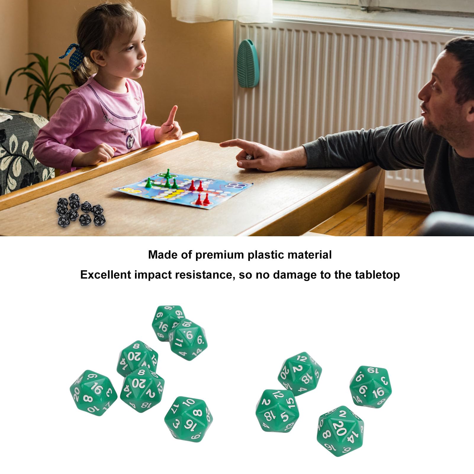 Bewinner Zestaw Lekkich Kości Wielościennych z Tworzywa Sztucznego do Gier RPG, 20-stronne Trwałe Kości dla Miłośników Gier, 10 szt. (GREEN)