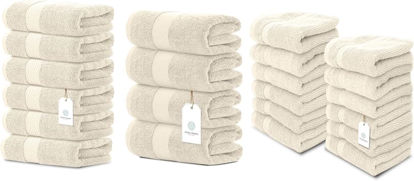 White Classic Luxury 22-Piece Towel Set - 6 Hand Towels 16x30, 4 Bath Towels 27x54, 12 Washcloths 13x13 | Cotton, Highly Absorbent, Quick Dry, 700 GSM, White, Ivory