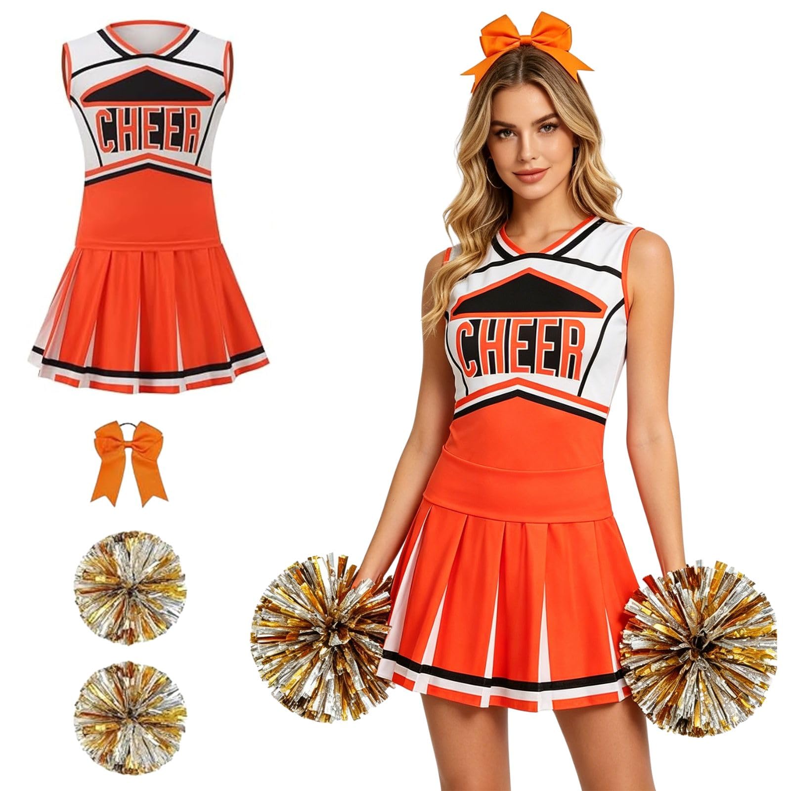 HAPNBCELE Womens Cheerleader Costume, Sleeveless Cheer Uniform with Pom Poms Cheerleading Outfit Halloween Sports Events (Orange, S)