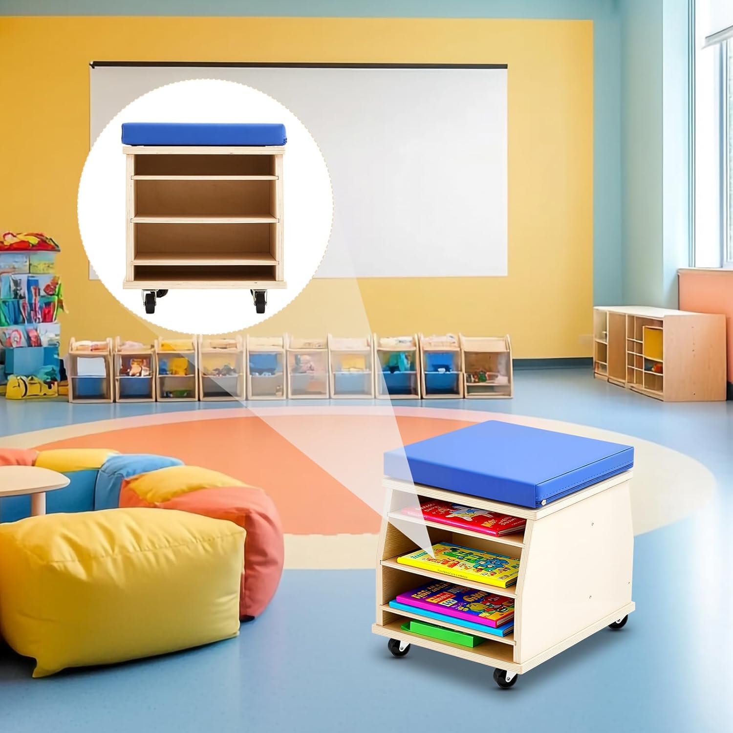 Geelin Mobile Teacher Stool with Storage Tools, Teacher Chair for Classroom Circle Time, Natural Birch Wood, Comfortable Foam Seat, 4 Locking Casters for School Supplies Books Daycare Preschool