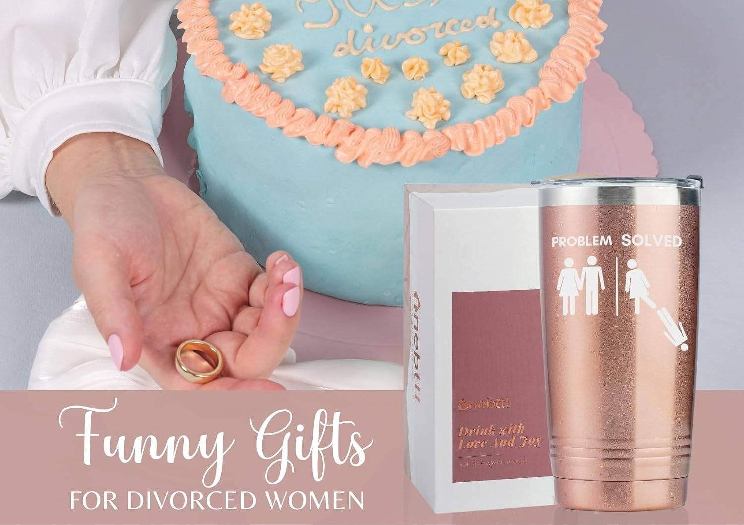 Onebttl Divorce Gifts for Women, Funny Stainless Steel Insulated Tumbler Travel Coffee Mug for Newly Divorced Woman Friends Sister Coworker - 20 oz (Rosegold) Problem Solved