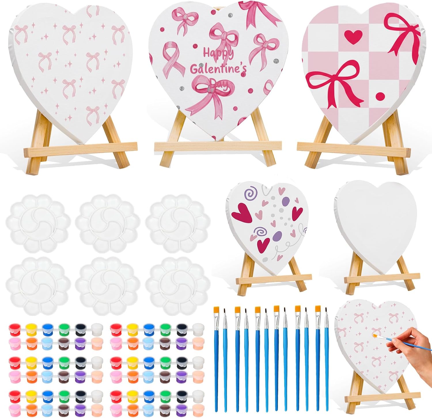 Tenceur 6 Sets Galentines Heart Shaped Canvas Kits 7.87 Inch Canvas Painting Set for Adults Ready to Paint Stretched Blank Board for Valentines Galentines Day Girls Ladies Night Friends Gift for Women