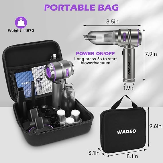 WADEO Handheld Vacuum Cordless, 4-in-1 21000PA Brushless Car Vacuum & 210000RPM Air Duster 6000mAh Battery Air Blower Wireless Handheld Vacuum for Car, Office and Home Cleaning
