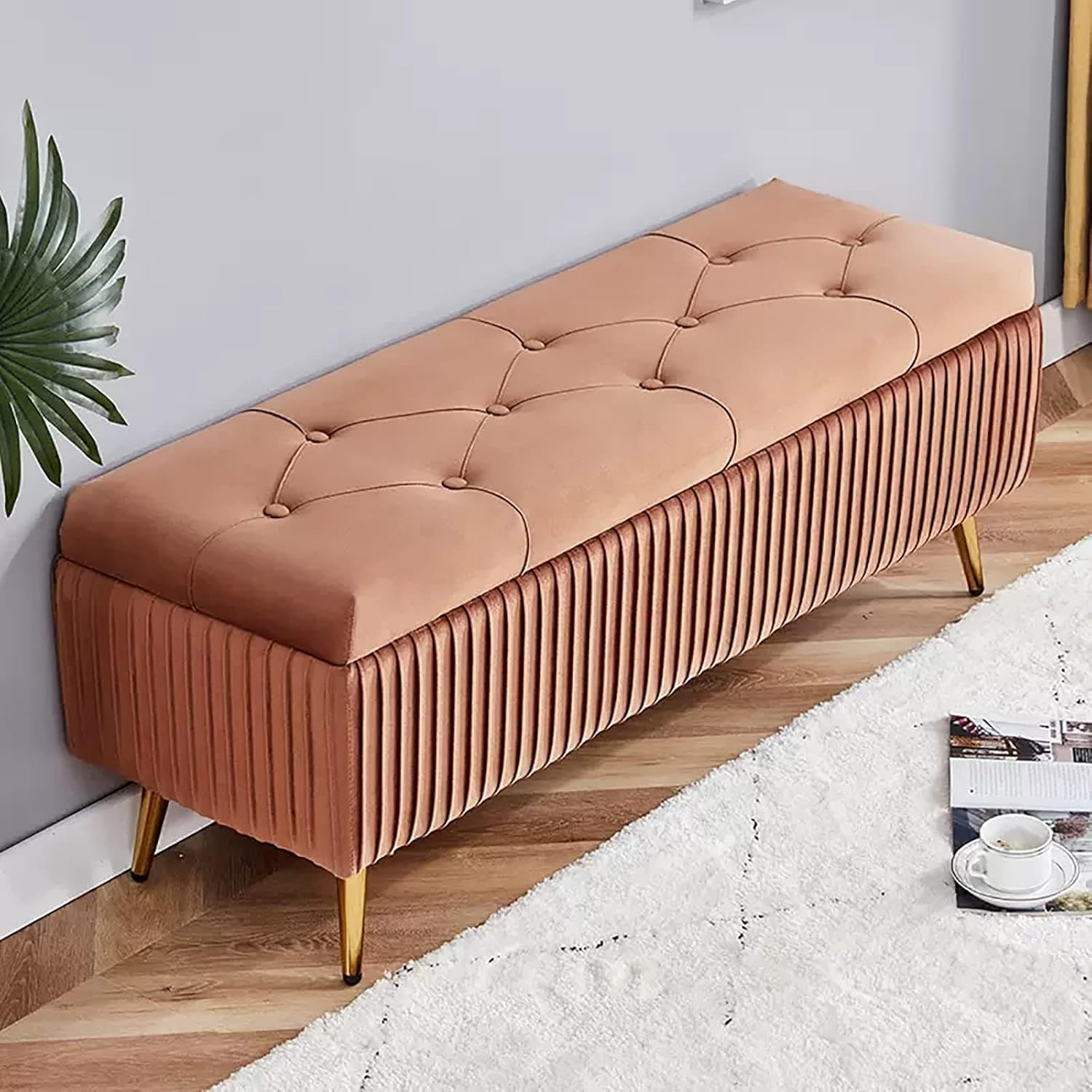 Pouf per Panca Portaoggetti in Velluto con Gambe in Metallo Dorato - Pouf Poggiapiedi Trapuntato con Bottone con Contenitore per Soggiorno Camera da Letto - in, Green a, 80x40x45cm(31x16x18inch)