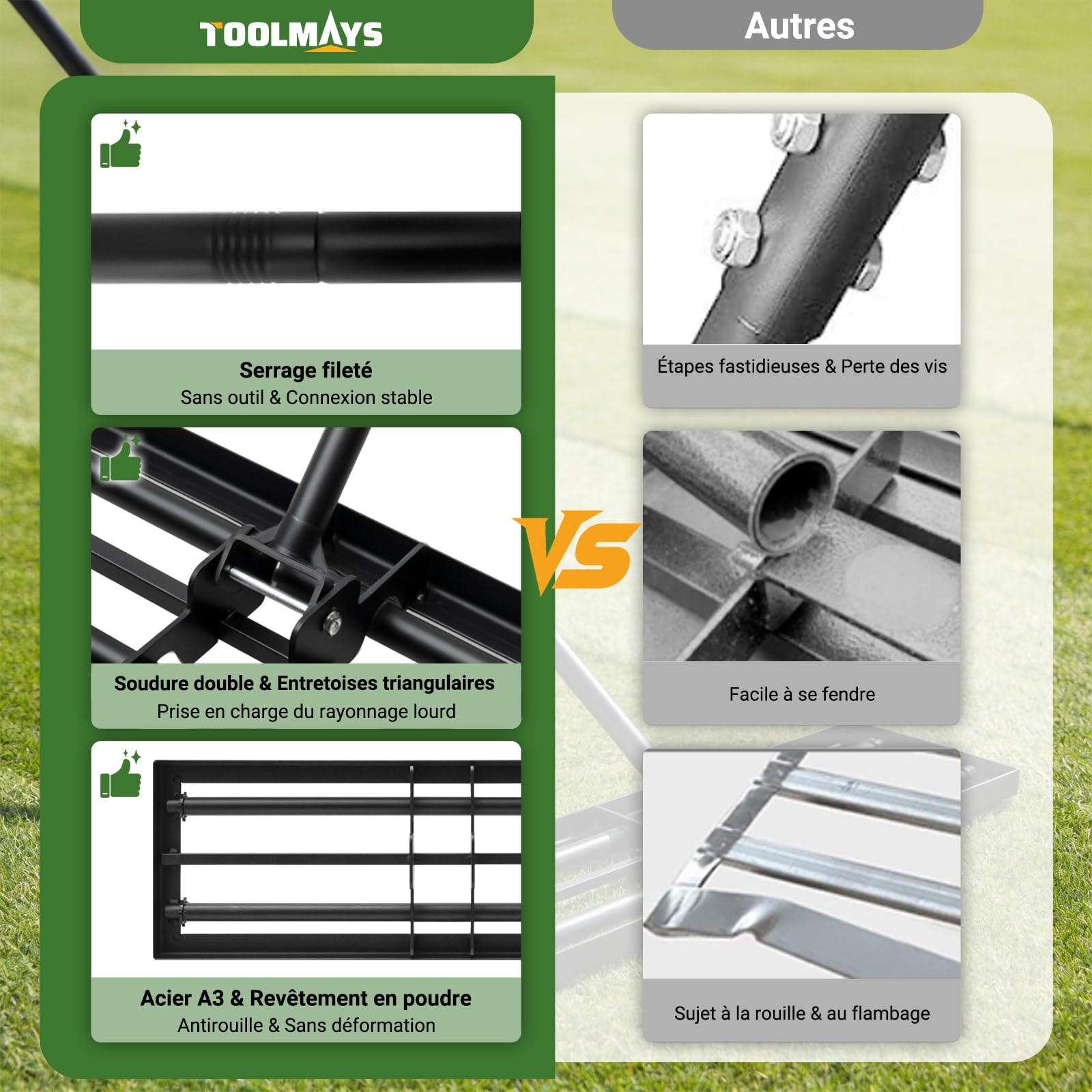 RâTeau De Nivellement De Pelouse 76x25cm, Niveleur Gazon en Acier A3 Antirouille avec Manche Long RéGlable 207cm, Rateau Jardin Et Rateau Gazon pour Niveler Terre, Sable Et Pelouses - 5