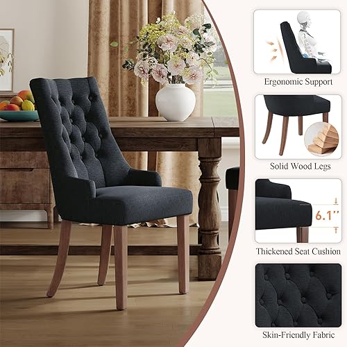 Miniatura 13 de COLAMY Juego de 2 sillas de comedor con botón copetudo, sillas de comedor tapizadas con patas de madera, sillas de cocina con respaldo alado para