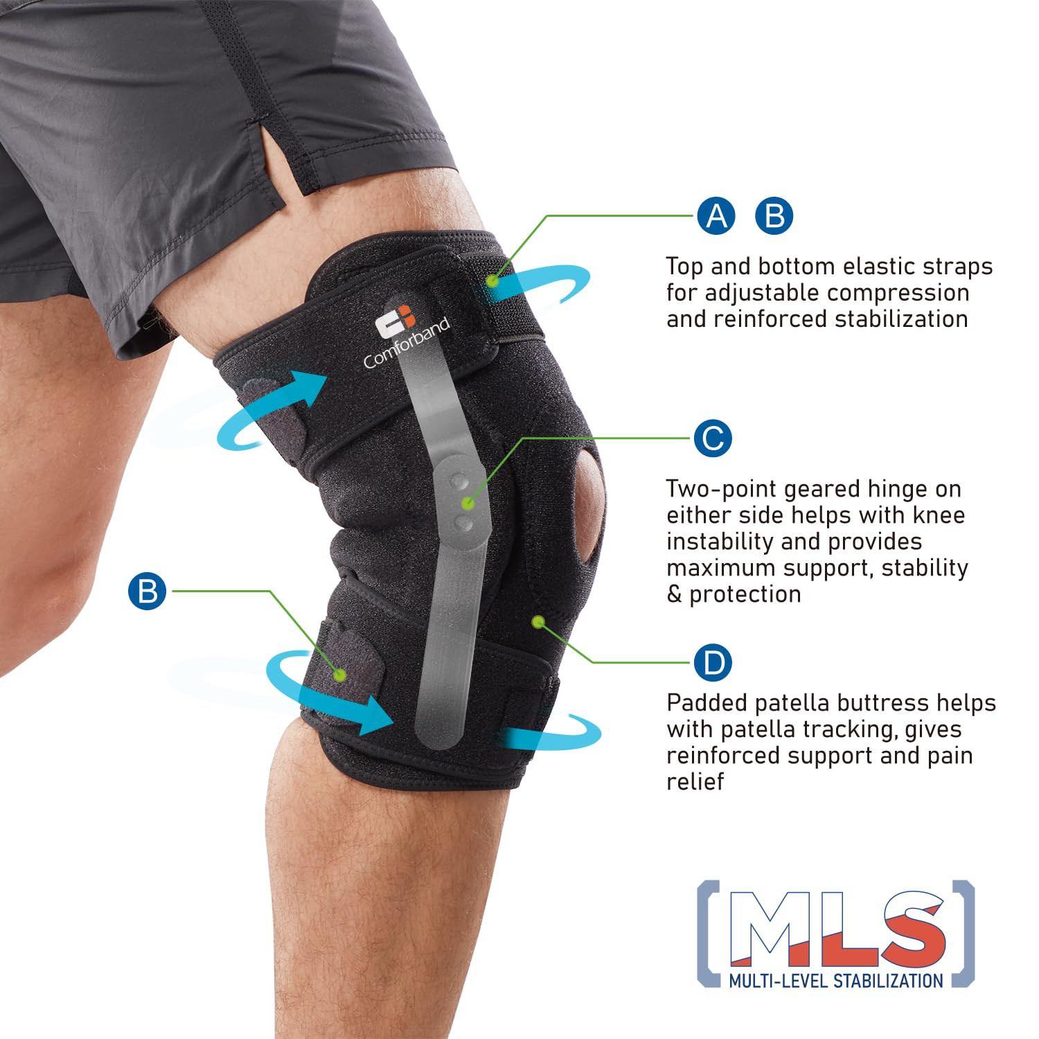 Comforband Adjustable Hinged Knee Brace, with Dual Side Polycentric Hinges – Stabilizing Knee Brace for ACL PCL MCL Ligament Injuries, Meniscus Tear, Arthritis, Surgery Recovery (L/XL)