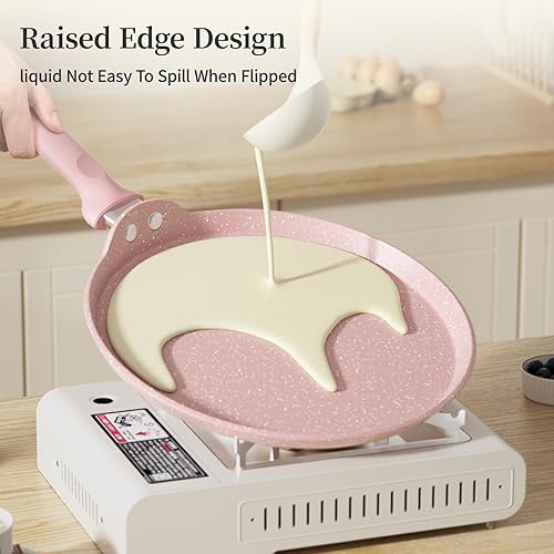 Miniatura 5 de Sartén antiadherente para crepes, sartén plana con revestimiento de granito para tortilla Dosa Tawa, sartén para tortillas de 10 pulgadas rosa con