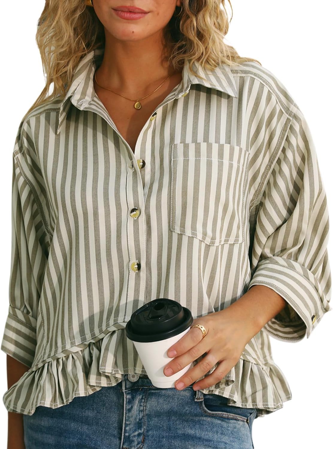 CHYRII Womens Summer Tops Dressy Casual Blouse Top Ruffled Short Sleeve Button Down Striped Shirt
