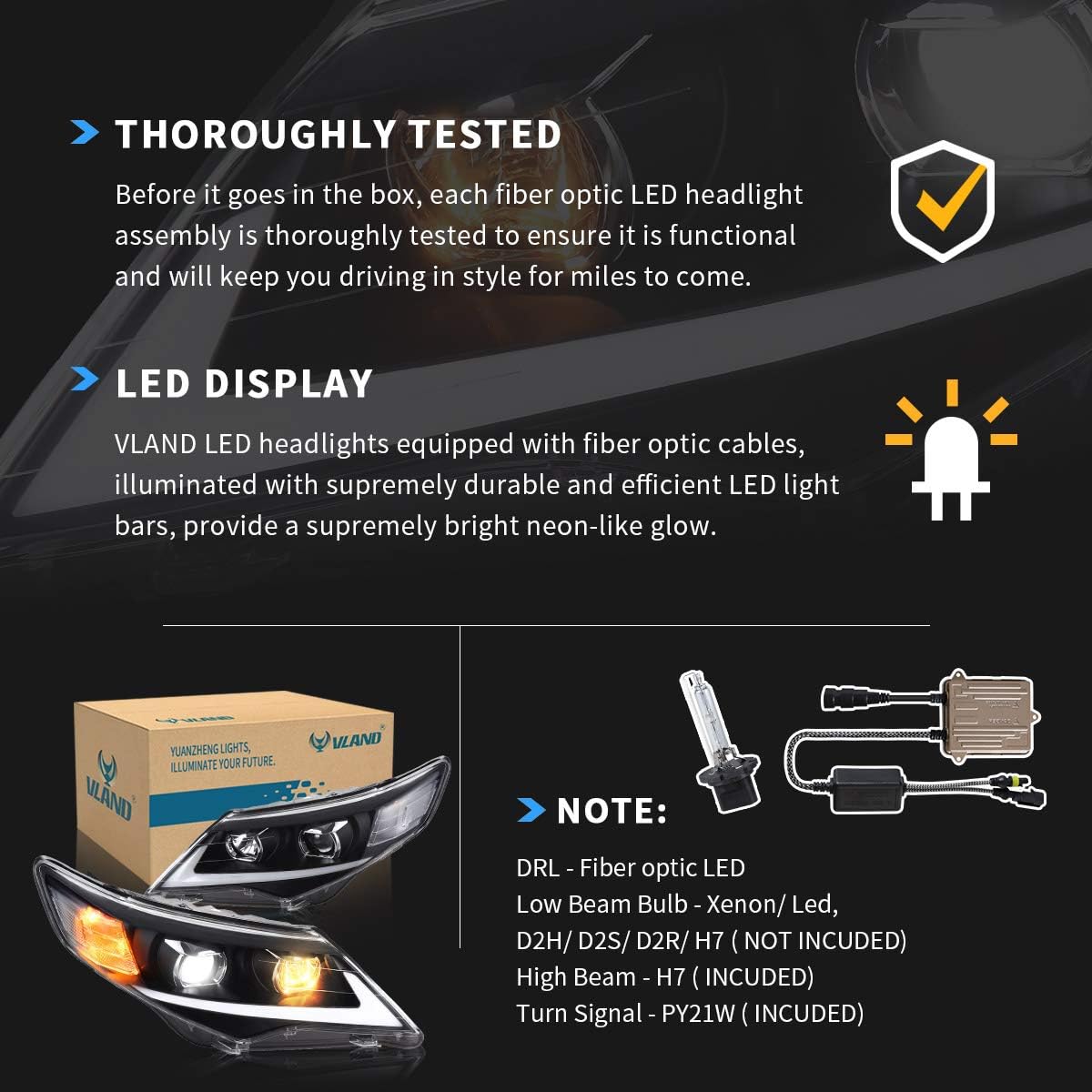 VLAND LED Projector Headlights Compatible with Toyota Camry 2012-2014 US-Specs Version, High Beam Come with H7 Halogen, Low Beam Fits D2S LED Bulbs(Not Included)