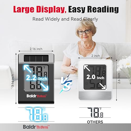 Vista 4 de BaldrTherm Medidor de humedad higrómetro, termómetro de habitación alimentado por energía solar, monitor digital de temperatura para interiores