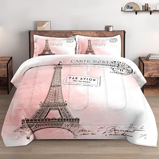 Queen Size Comforter Set with 2 Pillowcases, Paris Eiffel Tower 3 Pcs Bedding for Kids and Adults, Beautiful Pink Place Soft Comforter Set for Bedroom Bed Decor