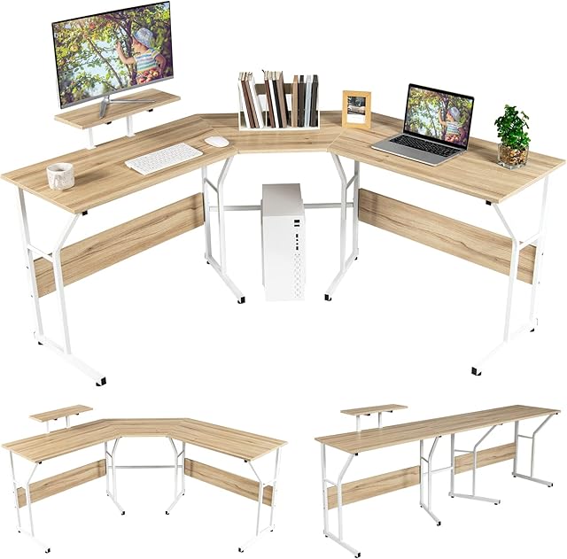 COSTWAY L-Shaped Computer Desk, 225cm Convertible Double Study Writing Workstation for 2 Person, Corner Home Office Desk PC Laptop Gaming Table with Movable Monitor Stand (Oak)