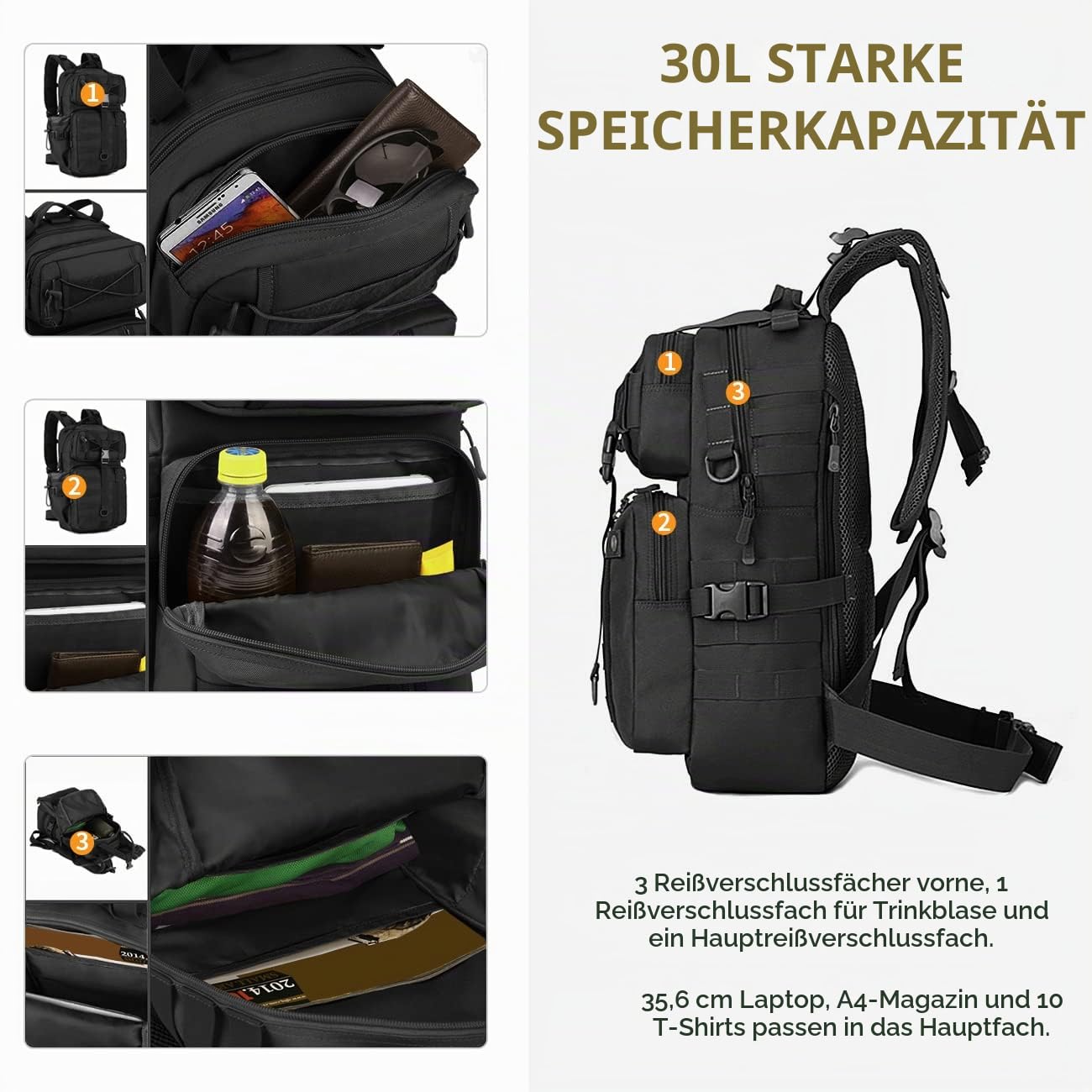 HUNTVP Militär Rucksack 30L Wanderrucksack 30L Bundeswehr Rucksack Taktischer Rucksack Wasserdicht Daypack Molle Tagesrucksack für Herren Damen Sport Reise Outdoor Camping Wandern
