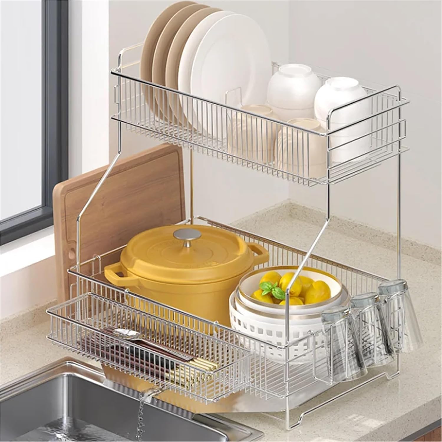 Stainless Steels Dish Drainer Rack 2-stage Water Dice Kitchen Dice Bowl Drybox Organize Tableware Drainer Board Rack
