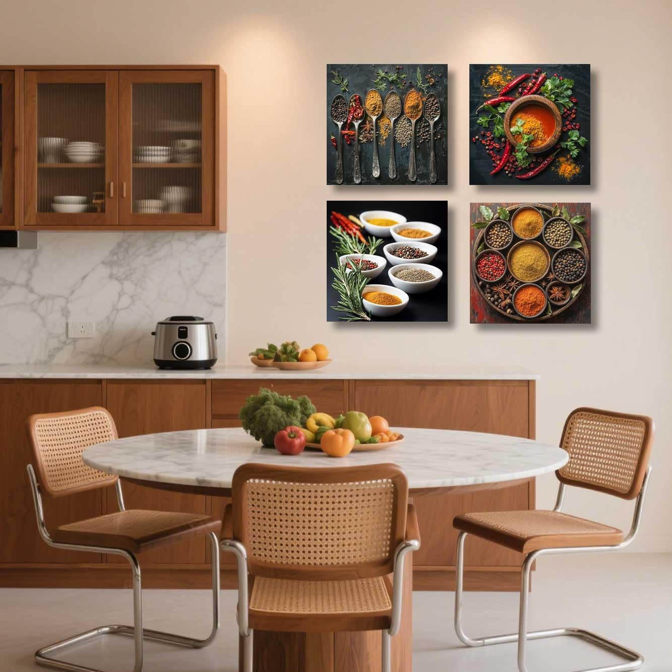 ZSHARTSWD Kitchen Canvas Wall Art 4 Piece Spices Seasonings Spoons Picture Colorful Spice Poster Prints Food Still Life Painting for Dining Room Decor Framed (Red, 12.00" x 12.00" x 4PCS)
