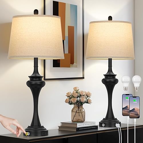 Lámparas de mesa altas negras de 30 pulgadas para sala de estar, lámpara de noche de control táctil con puertos USB A+C, lámparas de mesa modernas