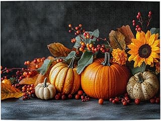 500 Pieces Adult Wooden Jigsaw Puzzle, Varied Pumpkins with Sunflowers, Autumn Foliage, Red Berries Arrangement, Tightly Grouped Composition, Release Life Pressure,Warm Seasonal Colors.