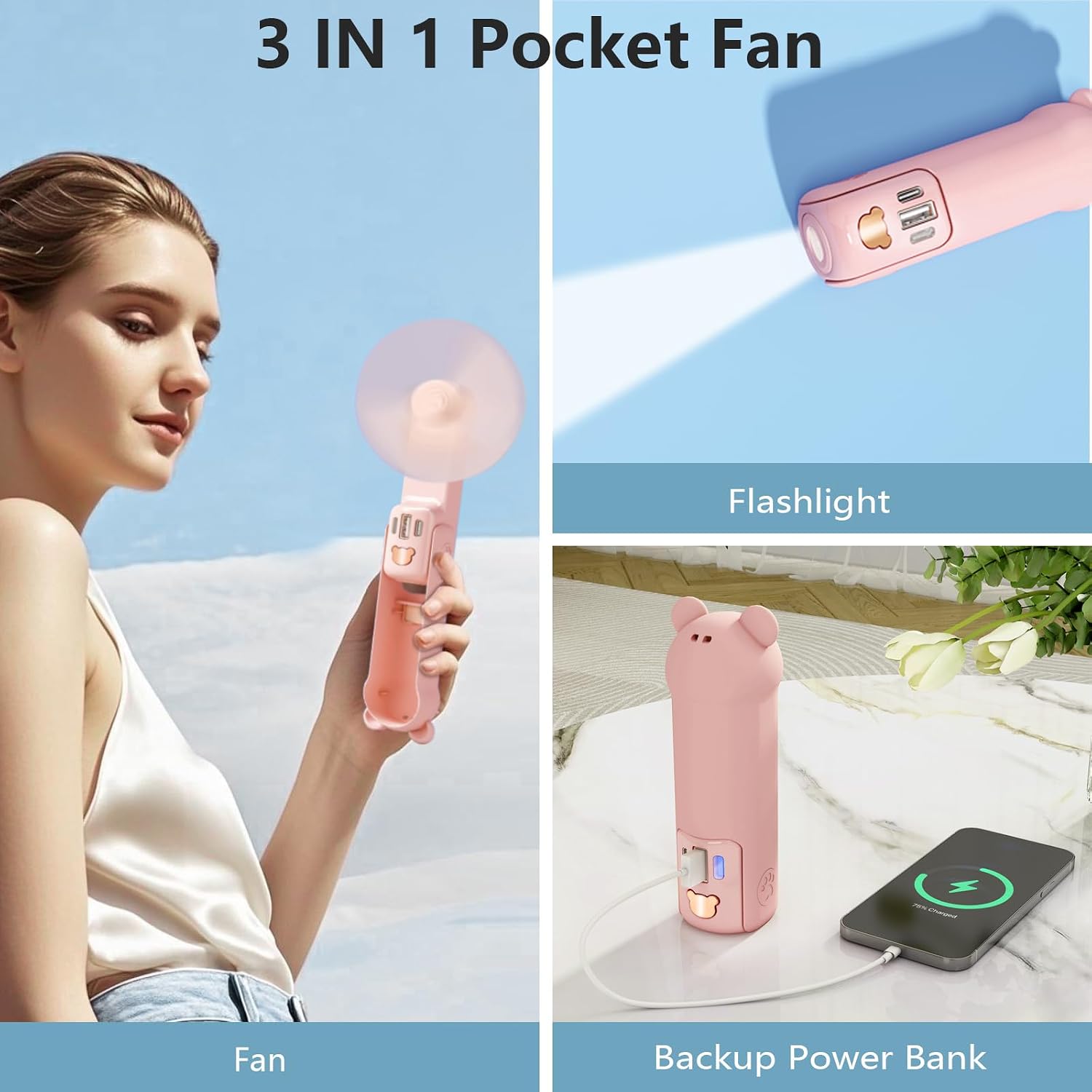 Portable Handheld Fan with Power Bank & Flashlight,Mini Pocket USB Rechargeable Fan[26H Runtime],Compact Cooling for Women/Girls - Travel, Outdoor (green)
