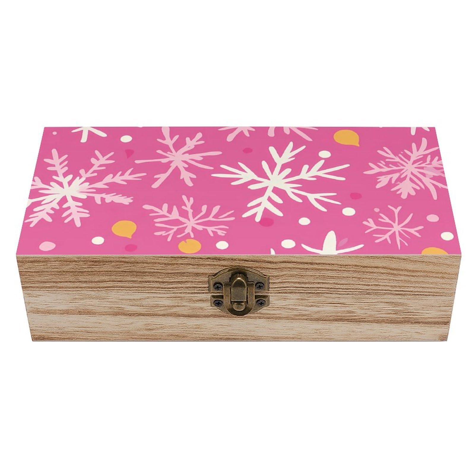 Oudrspo Pink White Snowflakes & Yellow Polka Dots Retro Wooden Storage Box Keepsake Jewelry Decorative Art Storages Box Gift Boxs