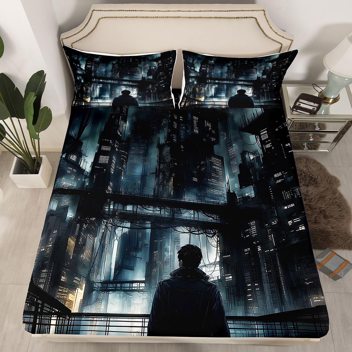 Homemissing Sábana bajera ajustable de anime futurista para niños y niñas, diseño de escena de la ciudad de anime oscuro, sábana bajera de 16 pulgadas de profundidad, tamaño King, decoración de