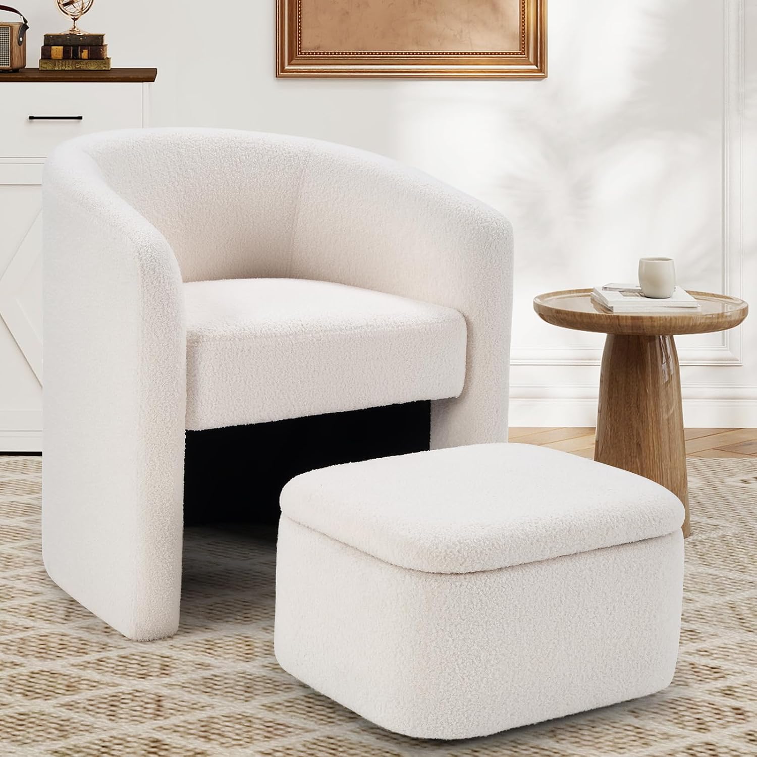 Sillón Acabado Moderno con Otomano de Almacenaje, Tela de Pana Teddy Beige miniatura 1