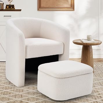HAOMARKETS Premium Barrel Accent Chair with Storage Ottoman, Teddy Boucle Upholstered Tub Chair, Modern Club Armchair with Curved Backrest for Living Room Bedroom, Beige