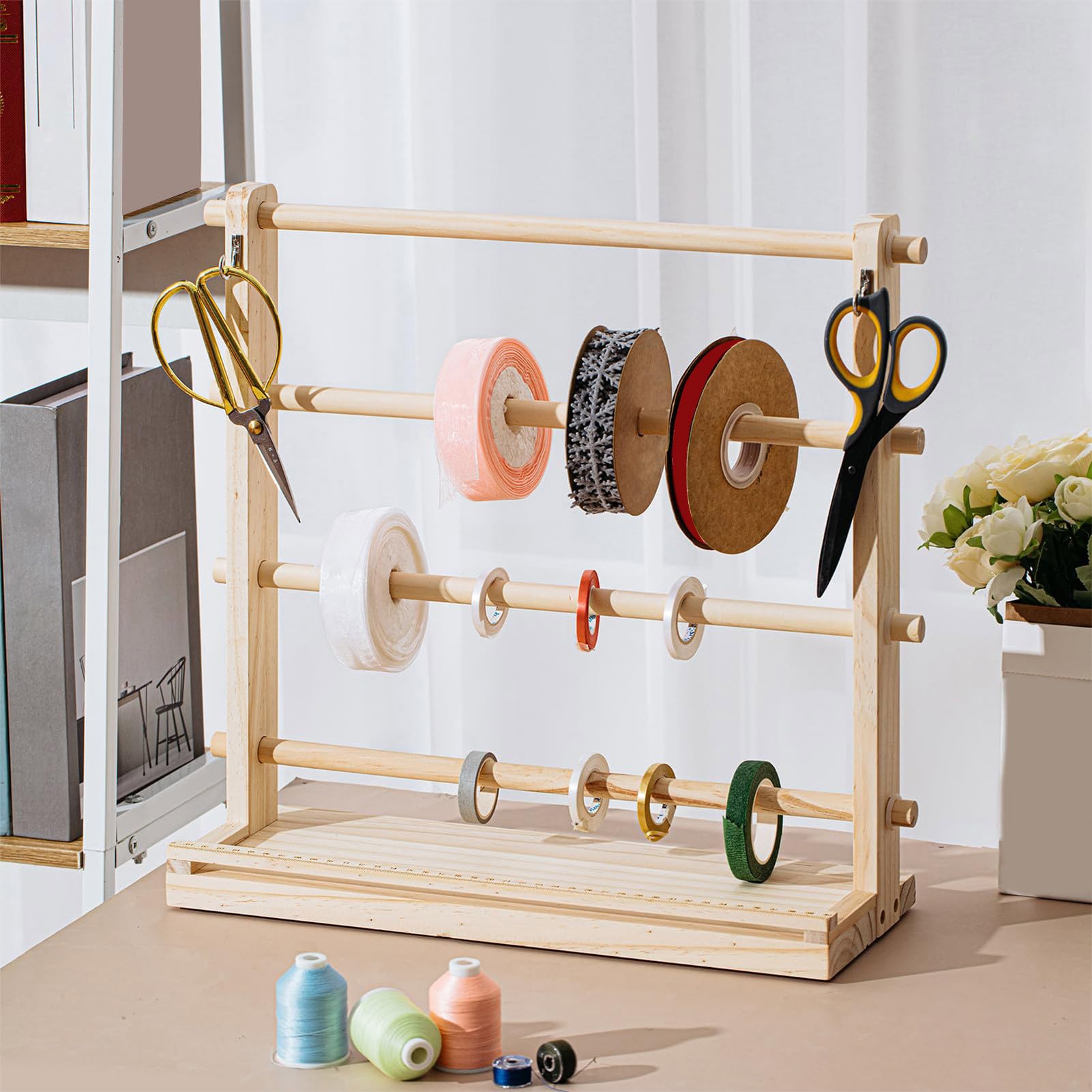 Wooden Spool Organizer - 4 Tier Ribbon Storage Rack, Ribbon Holder Stand | Ribbon Organizer Display Sewing Craft Storage, Wreath Making Supplies Rack for Craft Room Cake Shop Flower Store Craft
