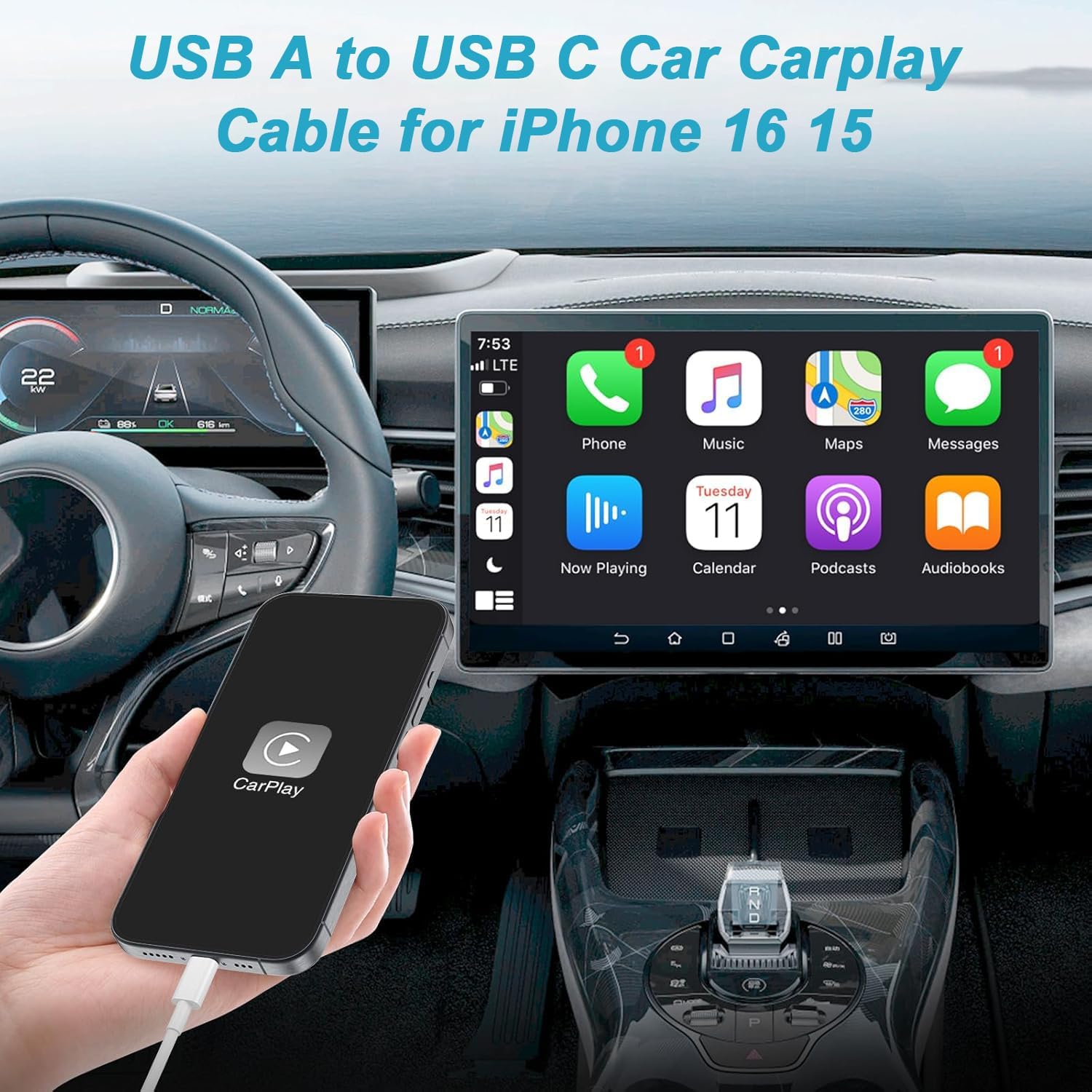 Carplay Zestaw 3 kabli do ładowania samochodu iPhone 16 Pro Max, ładowarka do iPhone'a 15 z kablem końcowym USB, kabel USB do USB C 91 cm do MacBooka Pro/iPad Pro, ładowarka
