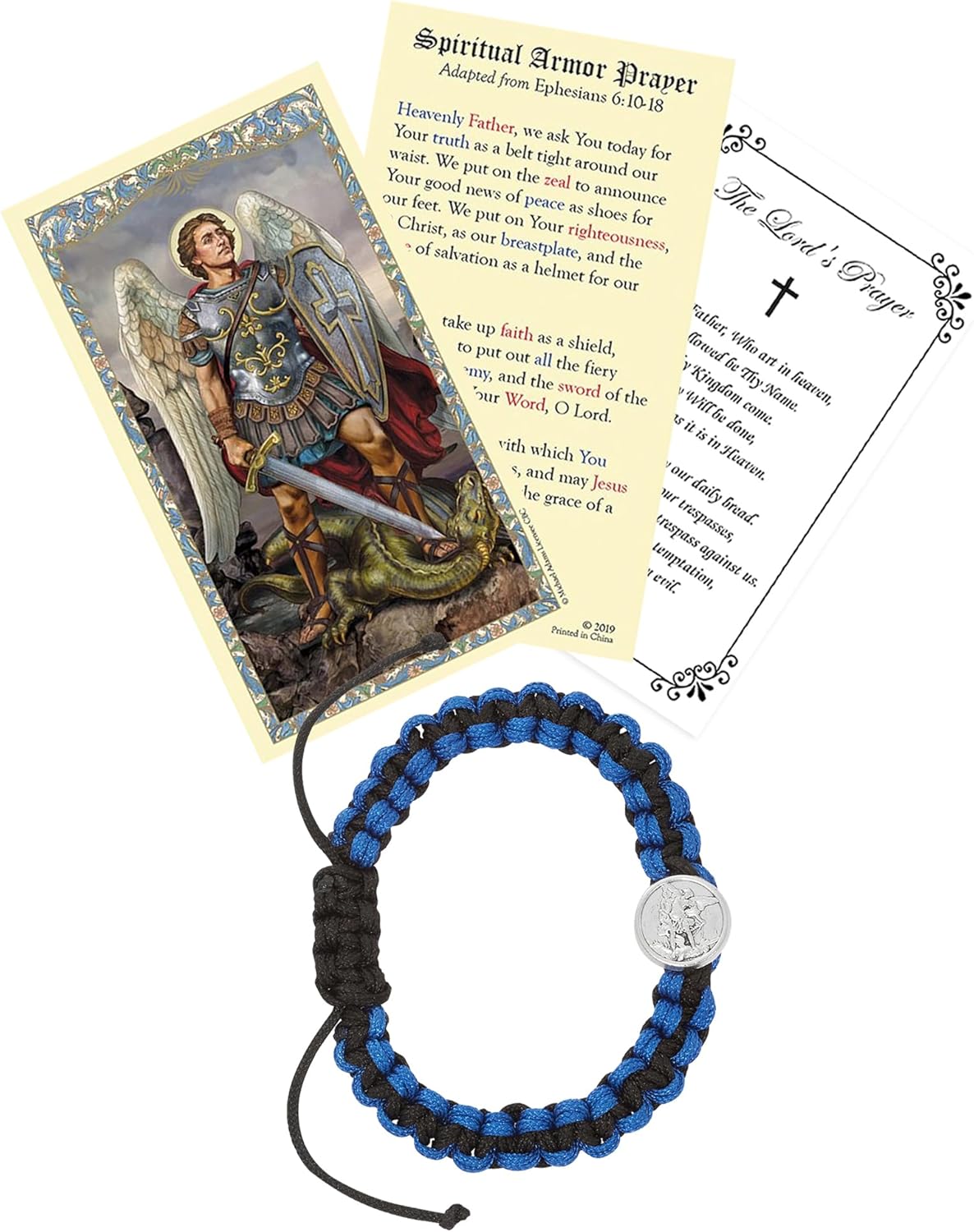 Saint Michael Bracelet - Laminated St Michael the Archangel Prayer Card, The Lord's Prayer - Adjustable Corded San Miguel Arcangel Bracelet, Catholic Cards Set - 3 Items