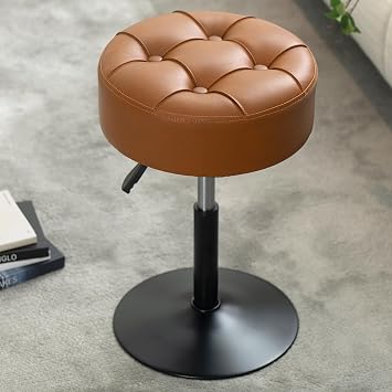 Fire Resistant Adjustable Brown Vanity Stool, Rotating Vanity Chair for Makeup Room, Washbasin, Small Stool Chair for Bathroom Living Room, Round Ottoman Makeup Chair, PU Leather