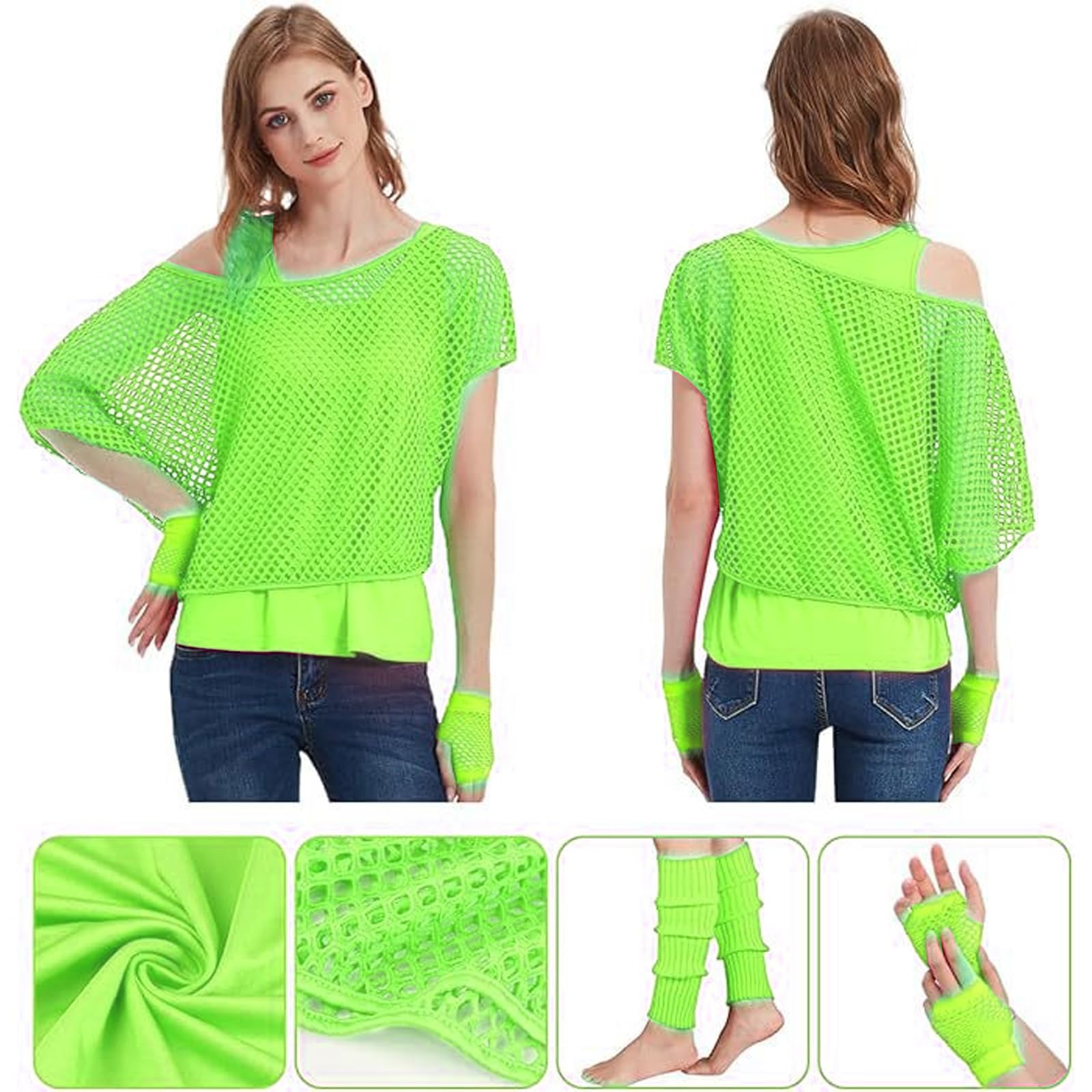 MUNSKT Women's Neon Outfit, 80s 90s Fishnet T-Shirt Sleeveless Top with Gloves Leg Warmers - Image 4