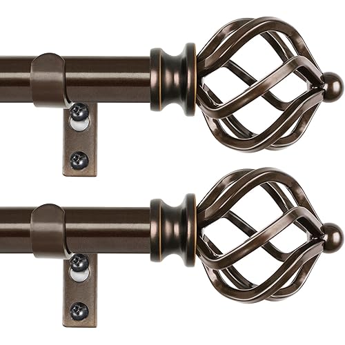KAMANINA 2 Pack Curtain Rods 32 to 86 Inches (2.6-7.1ft), 3/4 Inch Curtain Rods for Windows Splicing Adjustable Single Drapery Rod with Twisted Cage Finial, for Indoor and Outdoor, Antique Bronze