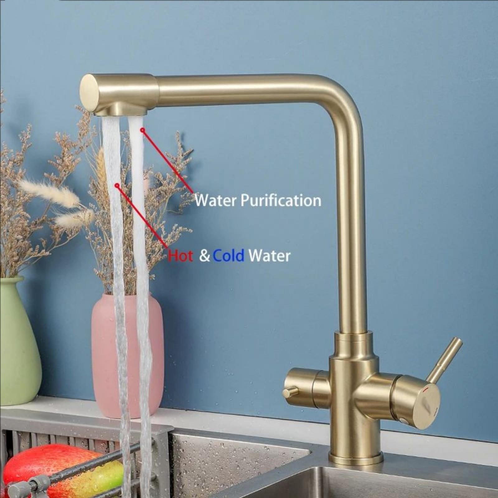 Grifo Cocina 3 Vias Osmosis Oro Cepillado Grifo Osmosis 3 Vias Acero Inoxidable con Dos Asas Giratorio de 360° Mezclador Agua Fría y Caliente