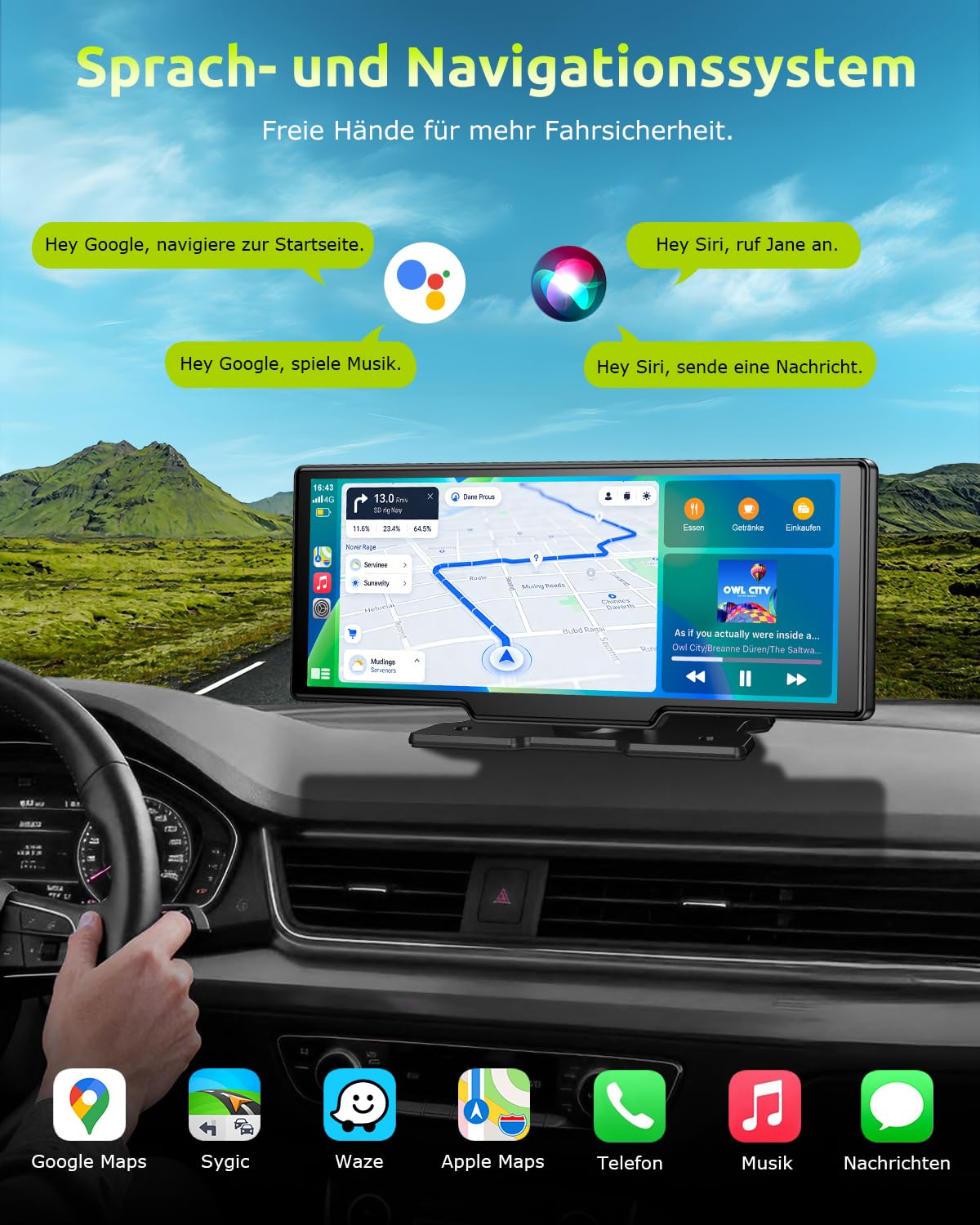 ESSGOO 10.26 Zoll Kabelloses CarPlay Display mit 4K Dashcam 1080P Rückfahrkamera Drahtloser Apple CarPlay & Android Auto, IPS Touchscreen,Bluetooth 5.3,Mirror Link,GPS,FM,AUX, Sprachsteuerung,64GB TF