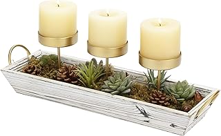 MyGift 3-Pillar Candle Holder Centerpiece - Decorative Tabletop or Mantel Decor Tray with Gold-Tone Metal and Vintage Whit...